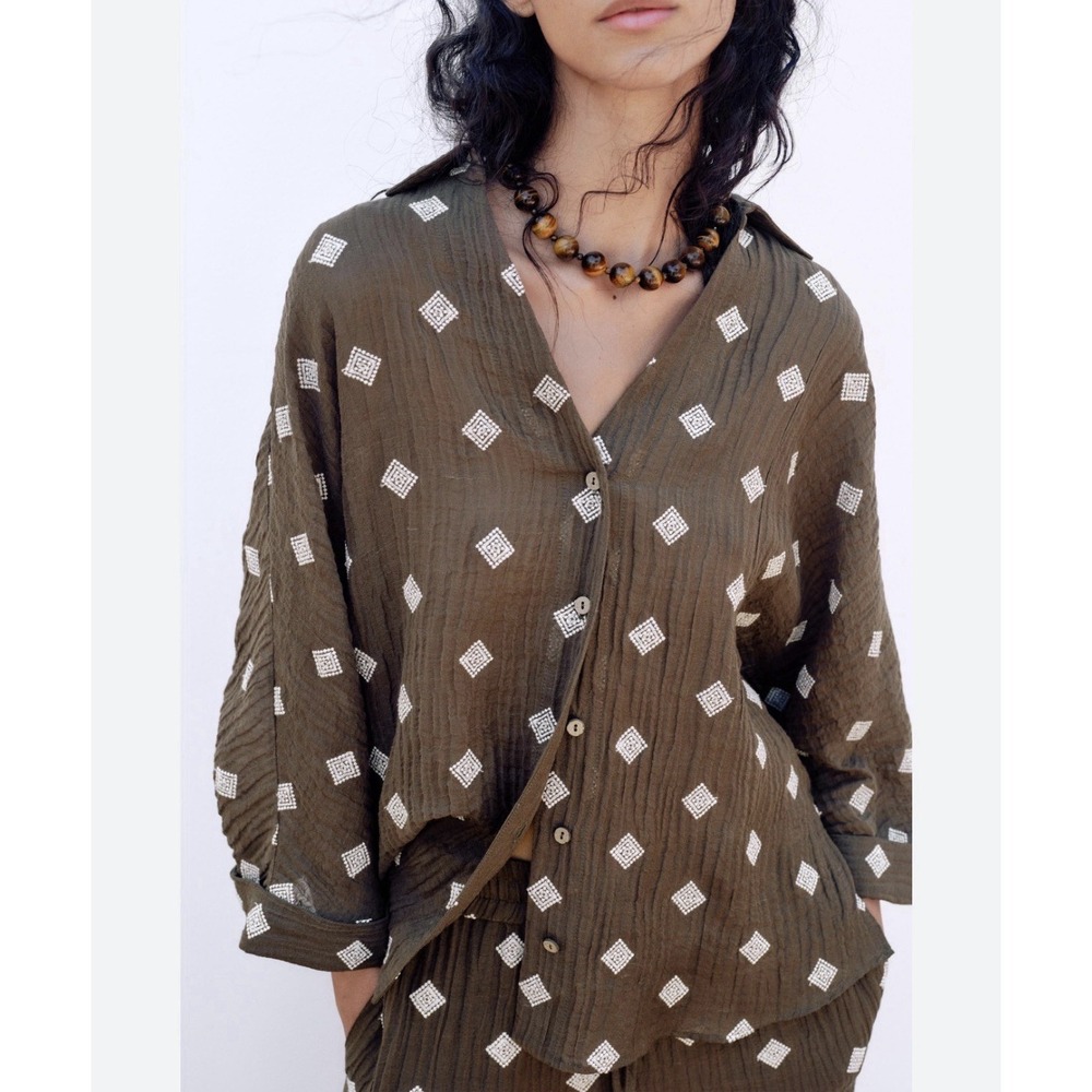 Zara Top Embroidered Gauzy Green White Embroidered Bohemian Loose